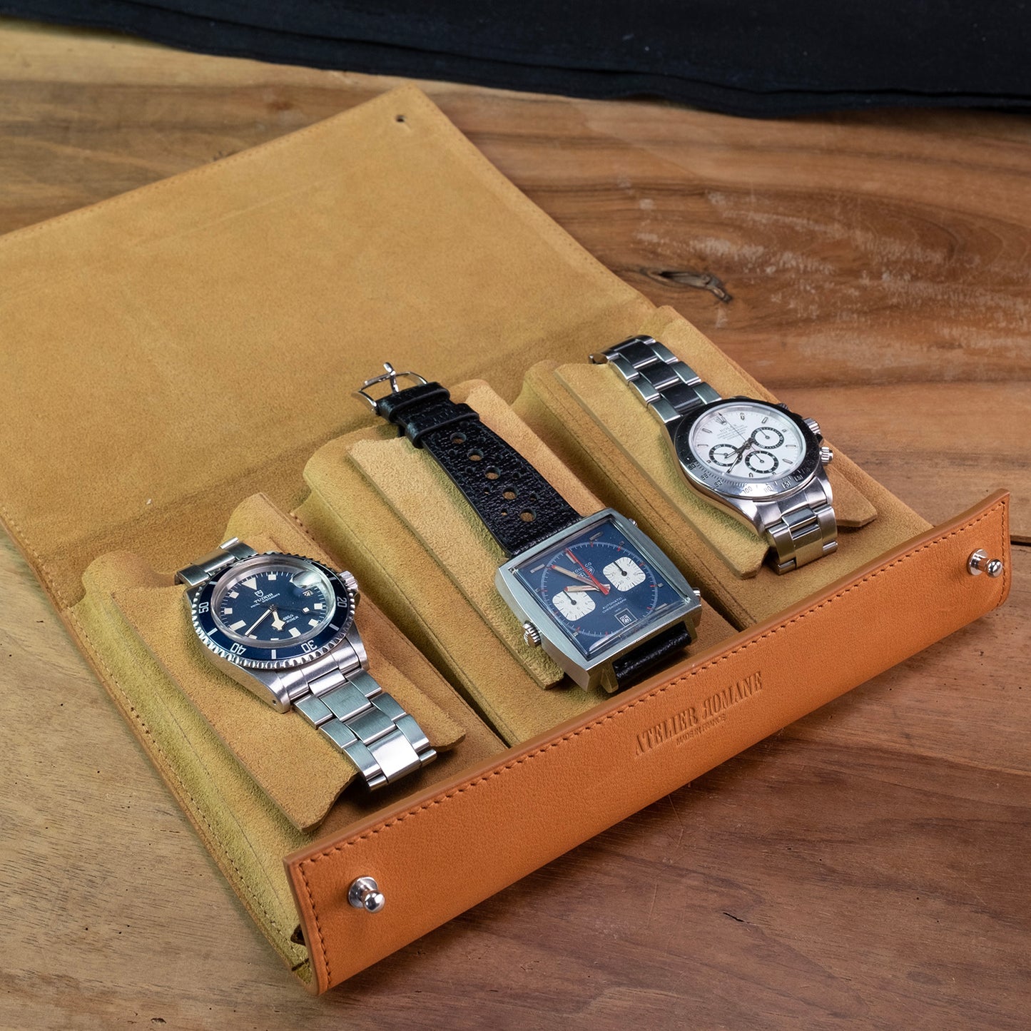 Pochette 3 montres veau sellier naturel